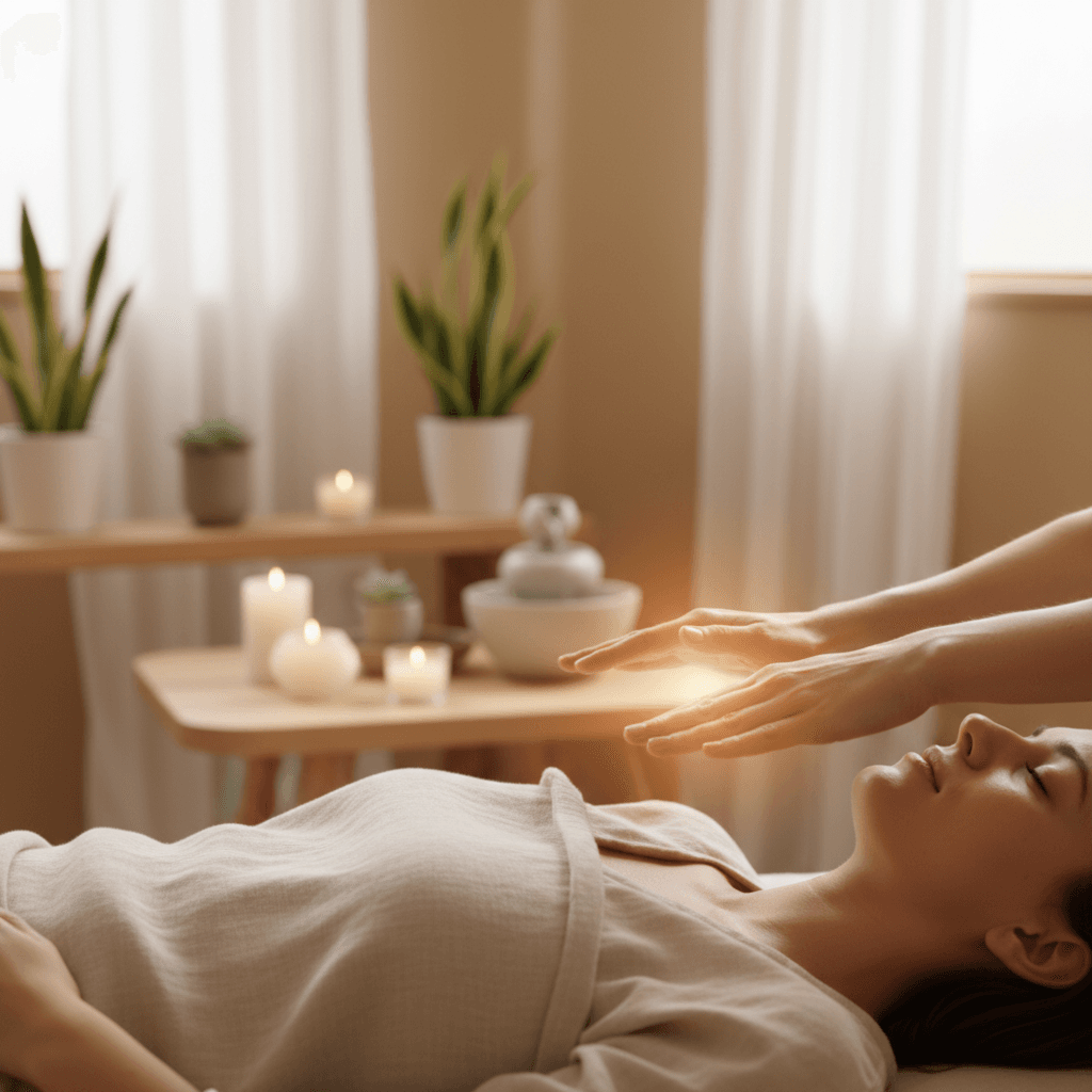 Reiki practitioner's hands positioned above client's shoulder during energy healing session in tranquil wellness room